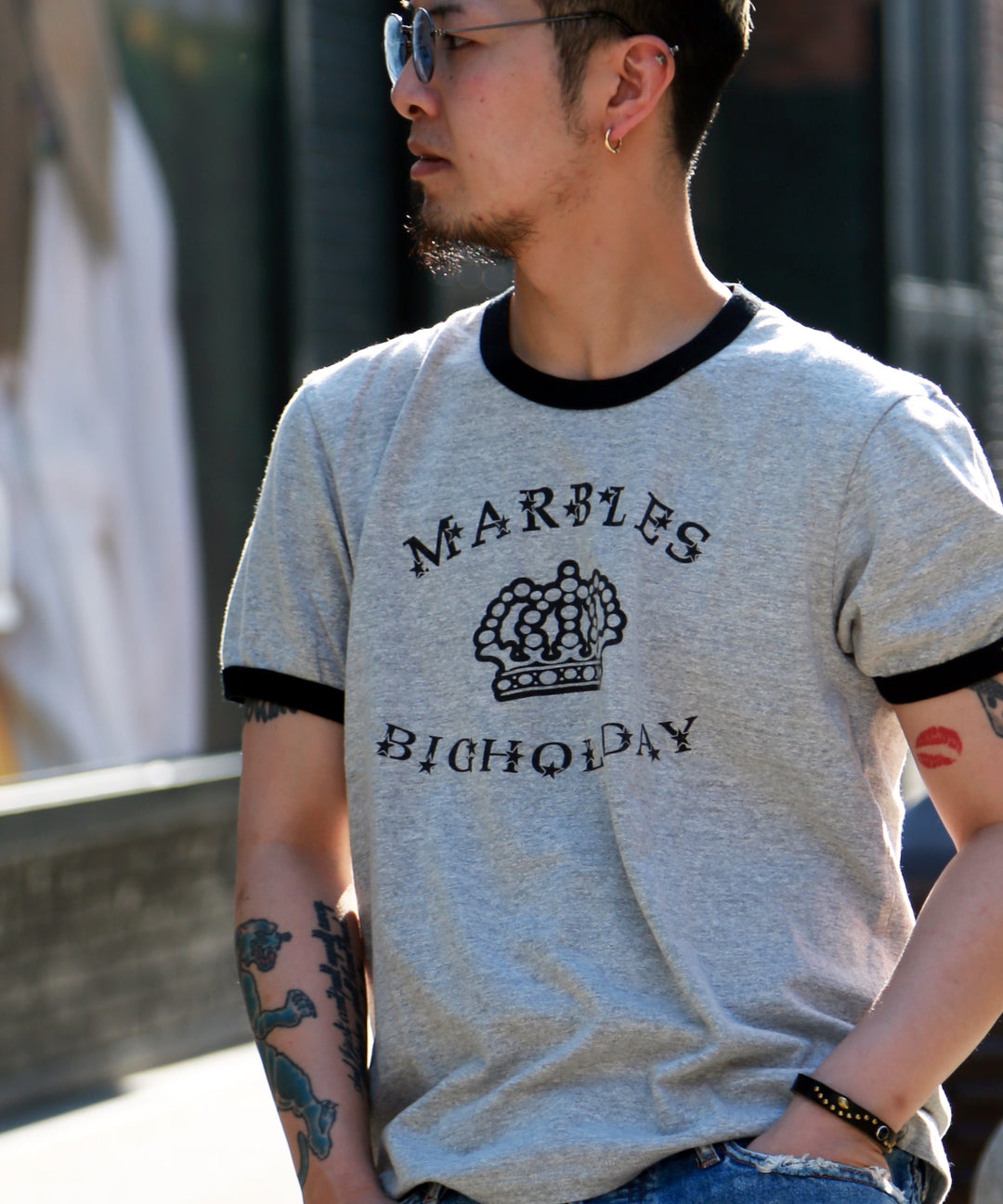 TMT×Marbles S/S RINGER T-SHIRTS(MARBLES BIGHOLIDAY) / TOP GRAY