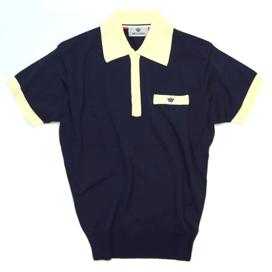 WIDE COLLAR KNIT POLO SHIRT / NAVY